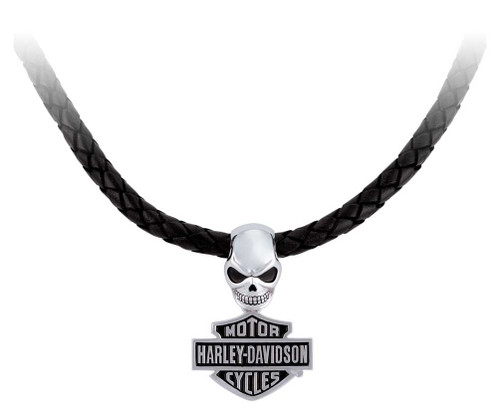 Harley-Davidson® Men's Wicked Skull Bar & Shield Leather Necklace