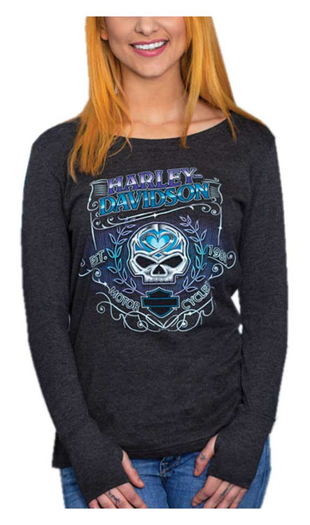 Harley Davidson® Womens Bright Skull Long Sleeve T Shirt W Thumbholes Black Wisconsin 