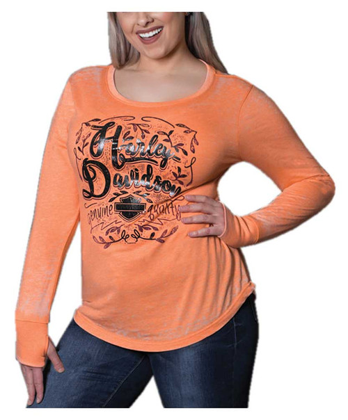 Harley Davidson® Womens Foiled Script Long Sleeve Scoop Neck Shirt Orange Wisconsin Harley 