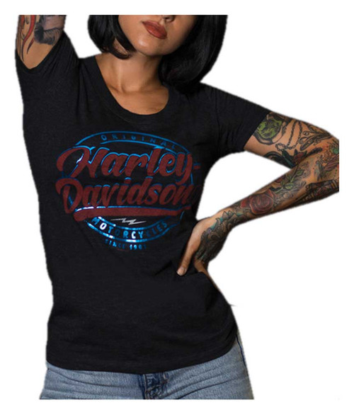 Harley Davidson® Womens Foiled Script Short Sleeve Scoop Neck T Shirt Black Wisconsin Harley 