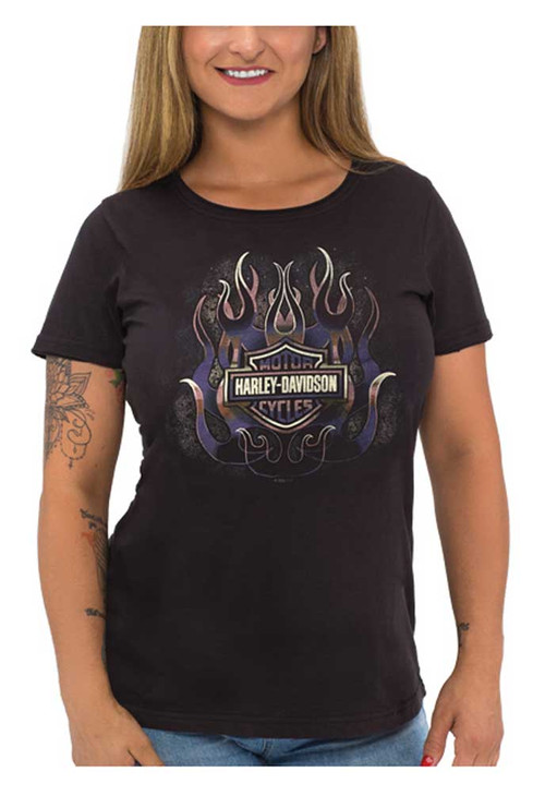 Harley Davidson® Womens Foiled Fire Bands Short Sleeve Scoop Neck T Shirt Black Wisconsin 