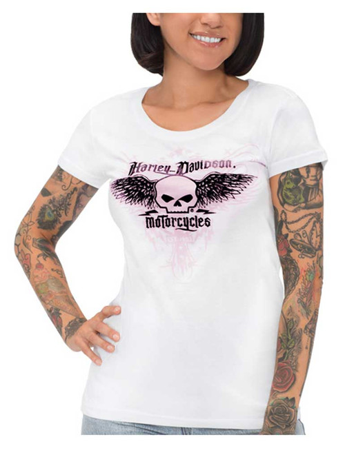 Harley Davidson® Womens Foiled Winged Willie G Skull Short Sleeve T Shirt White Wisconsin 