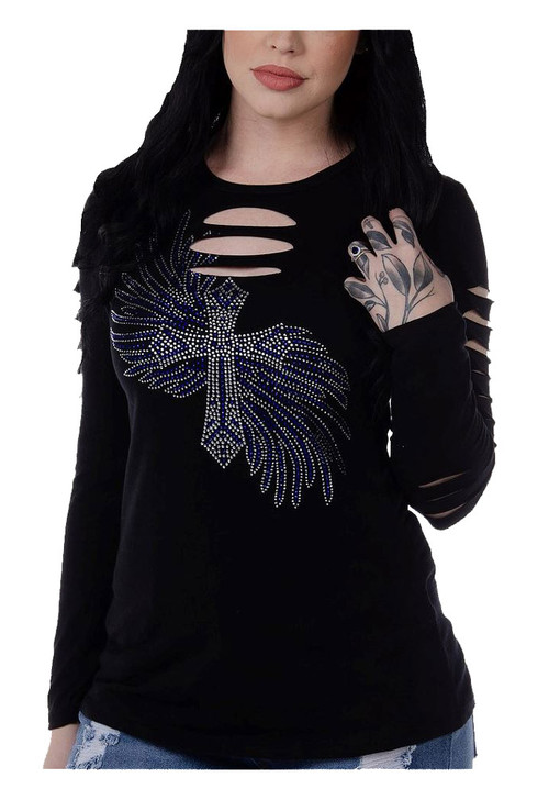 Liberty Wear Women's Bling Cross & Winged Slits Long Sleeve Top - Black -  Wisconsin Harley-Davidson