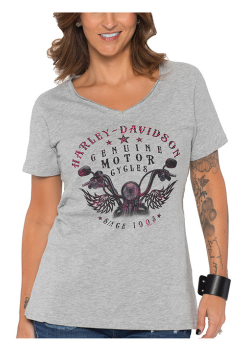 Harley-Davidson® Women's Numinous Bling V-Neck Short Sleeve T-Shirt,  Heather Gray - Wisconsin Harley-Davidson