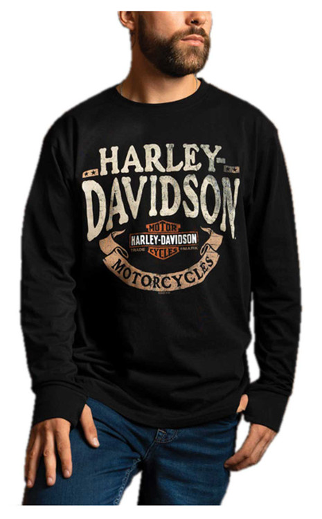 Harley Davidson® Mens Tattered Long Sleeve Crew Neck Cotton Shirt Black Wisconsin Harley 