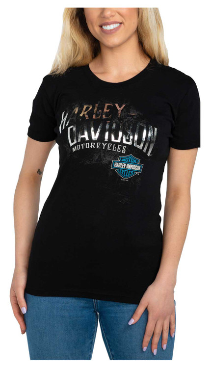 Harley Davidson® Womens Flutter Foiled Script Crew Neck Short Sleeve Tee Black Wisconsin 