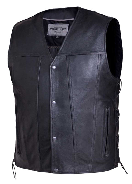 UNIK Men's Premium Cowhide Leather Snap Front Motorcycle Vest w/ Side