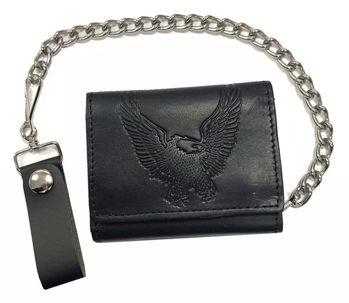 Mascorro Men's Open Eagle Large Tri-Fold Biker Chain Wallet - Solid Black