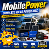 MobilePower™ 100-Watt Solar Charging Kit for RVs, camper vans, and travel trailers featuring a 100W solar panel, 20A MPPT charge controller, mounting hardware, and installation wiring