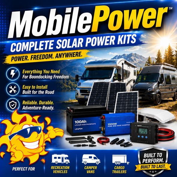 MobilePower™ 400-Watt Solar Charging Kit for RVs, camper vans, and travel trailers featuring dual 200W solar panels, a 30A MPPT charge controller, mounting hardware, and complete installation wiring