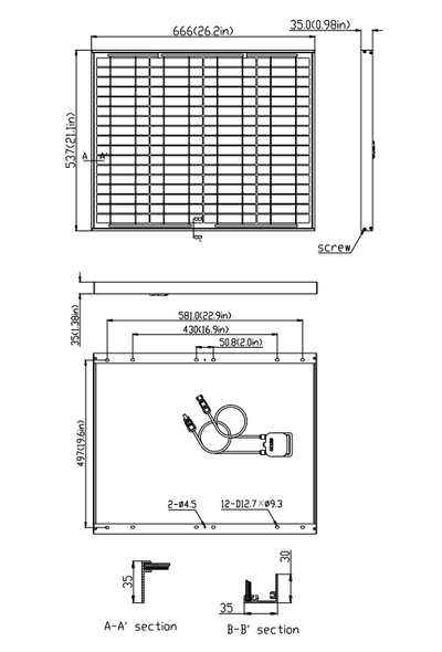 Solartech Power SPM060M-WP-F 60 Watt, 12 Volt Monocrystalline Solar Panel Diagram