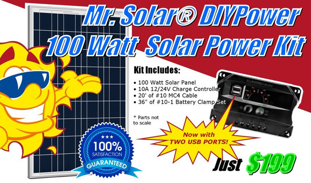 Mr. Solar® DIYPower 100 Watt Solar Panel Kit with USB Power & Charging Port Mr. Solar® DIYPower 100 Watt Solar Panel Kit with USB Power & Charging Port