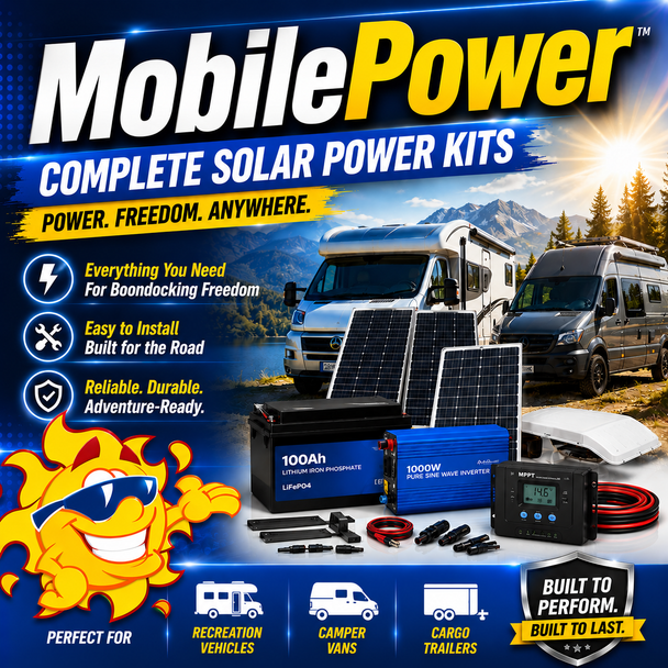 MobilePower™ 400-Watt Solar Charging Kit for RVs, camper vans, and travel trailers featuring dual 200W solar panels, a 30A MPPT charge controller, mounting hardware, and complete installation wiring