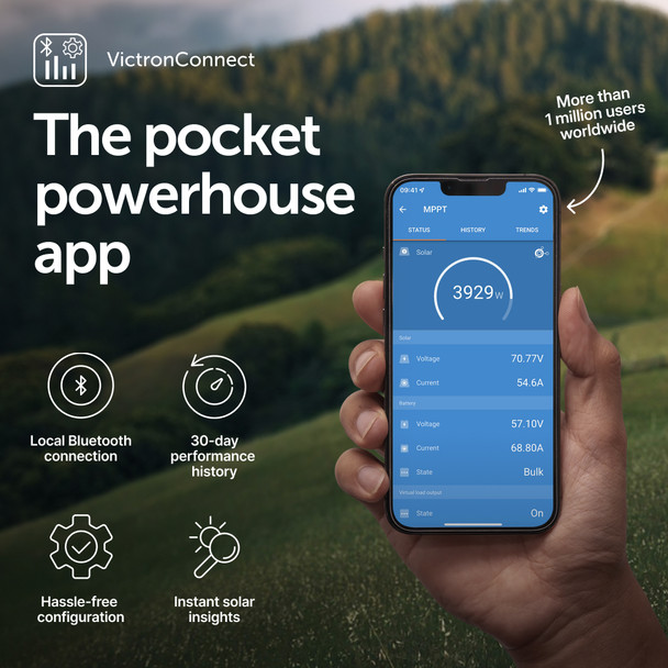 VictronConnect, the pocket powerhouse app! Local Bluetooth connection, 30-day performance history, hassle-free configuration for instant solar insights! VictronConnect, the pocket powerhouse app! Local Bluetooth connection, 30-day performance history, hassle-free configuration for instant solar insights!