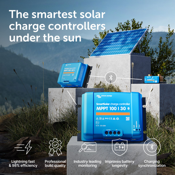 The Victron Energy SmartSolar MPPT 100 | 30 charge controller delivers lightning-fast performance with 98% efficiency, Bluetooth monitoring, and pro-grade build quality—designed to improve battery life and maximize solar output in any environment. The Victron Energy SmartSolar MPPT 100 | 30 charge controller delivers lightning-fast performance with 98% efficiency, Bluetooth monitoring, and pro-grade build quality—designed to improve battery life and maximize solar output in any environment.