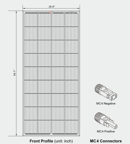 Rich Solar RS-M200 200 Watt, 12V Monocrystalline Solar Panel Front Profiles and M4 Connectors Diagram Rich Solar RS-M200 200 Watt, 12V Monocrystalline Solar Panel Front Profiles and M4 Connectors Diagram