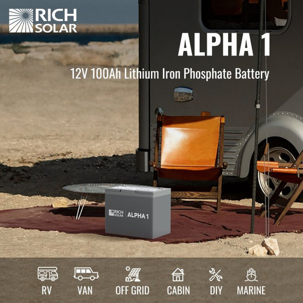 Rich Solar ALPHA 1, 12V 100Ah LiFePO4 Lithium Battery w/ Internal Heat Technology and Bluetooth Rich Solar ALPHA 1, 12V 100Ah LiFePO4 Lithium Battery w/ Internal Heat Technology and Bluetooth
