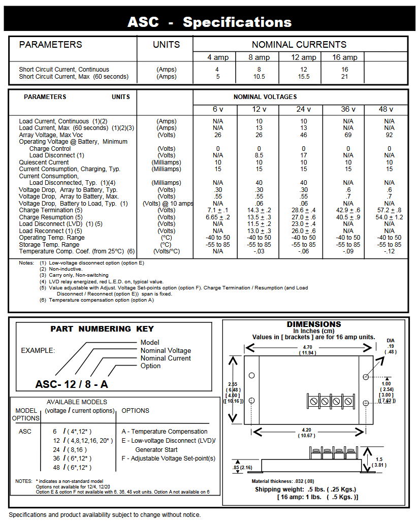 ASC-12/8 ASC™ 8 Amp, 12V PWM Charge Controller Specifications