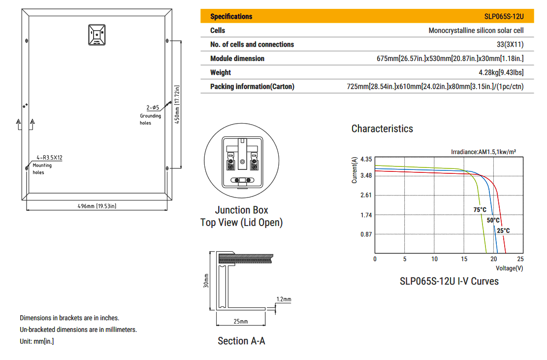 SLP065S-12U Mono-Crystalline Solar Panel Specification Diagram