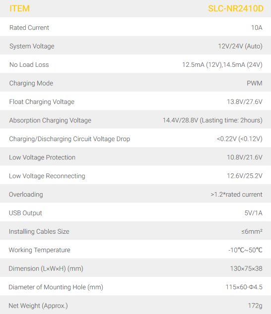 Solarland® SLC-NR2410D 10 Amp 12/24V PWM Charge Controller