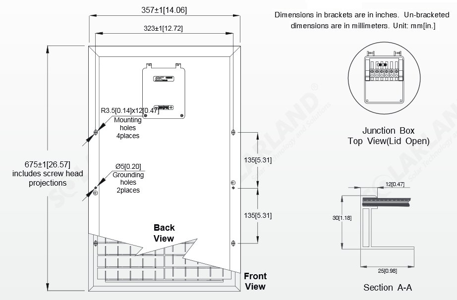 Solarland® SLP030-12C1D2 30 Watt, 12V Solar Panel Module Diagram