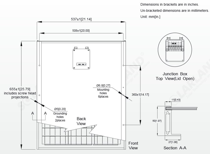 Solarland® SLP045-12C1D2 45 Watt, 12V Solar Panel Module Diagram