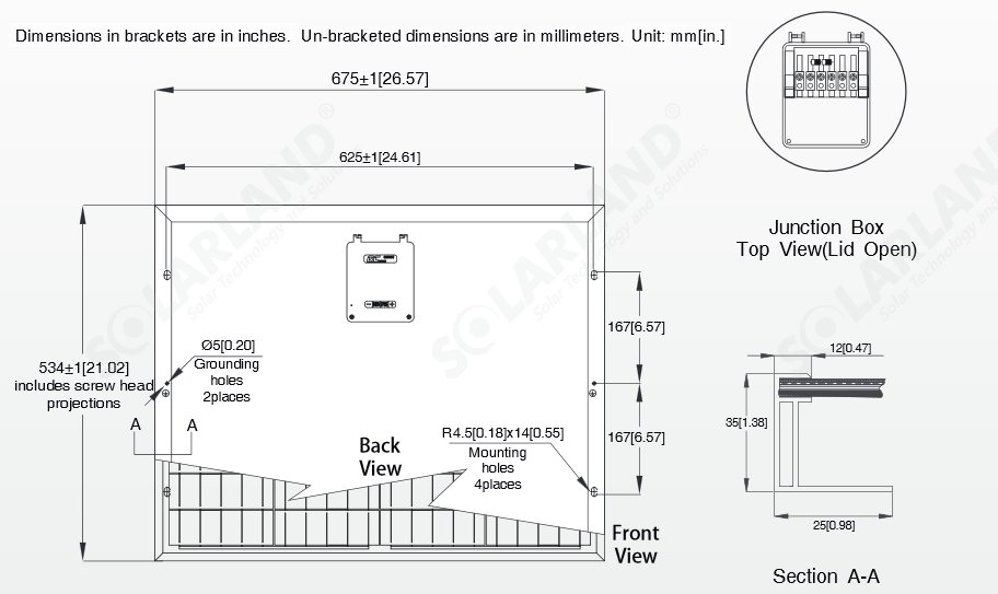 Solarland® SLP050-12 50 Watt, 12V Solar Panel Module Diagram