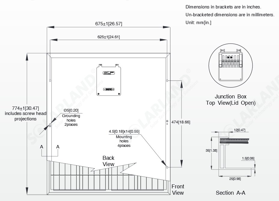 Solarland® SLP075-12C1D2 75 Watt, 12V w/30mm Frame Solar Panel Module Diagram