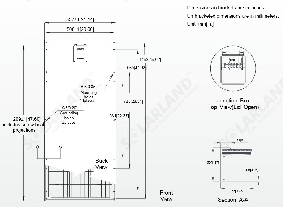 Solarland® SLP90-12C1D2 90 Watt, 12V C1D2 Solar Panel w/ 35mm Frame Diagram