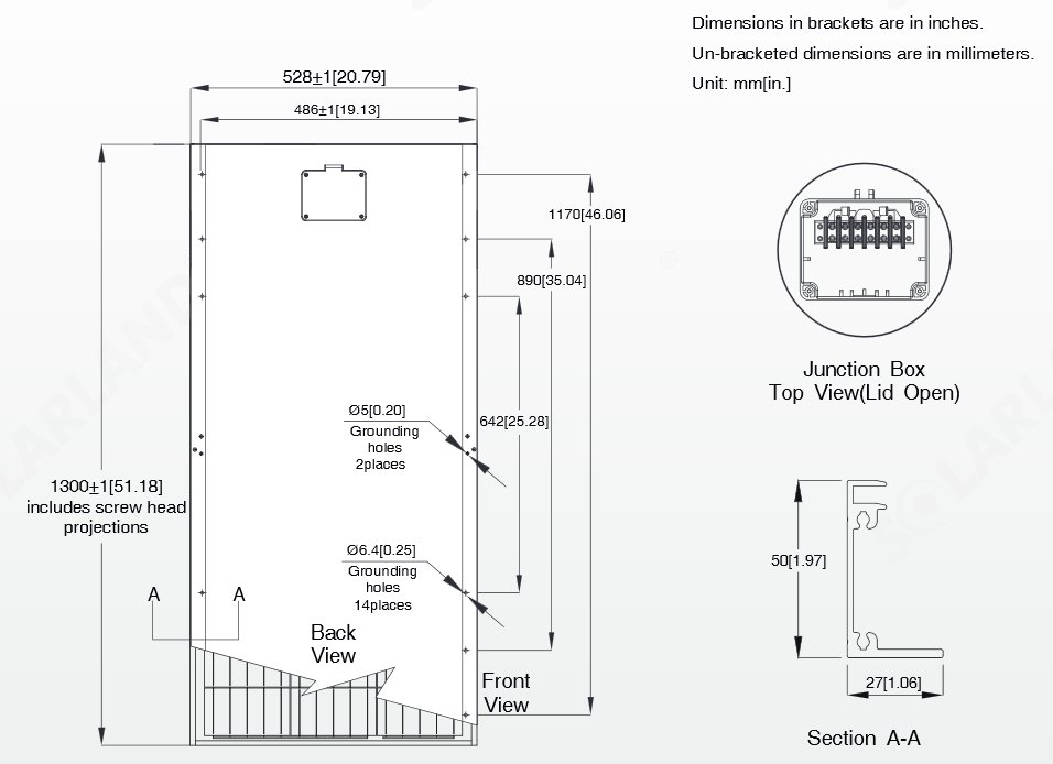 Solarland® SLP100-12M 100 Watt, 12V Solar Panel Module Diagram