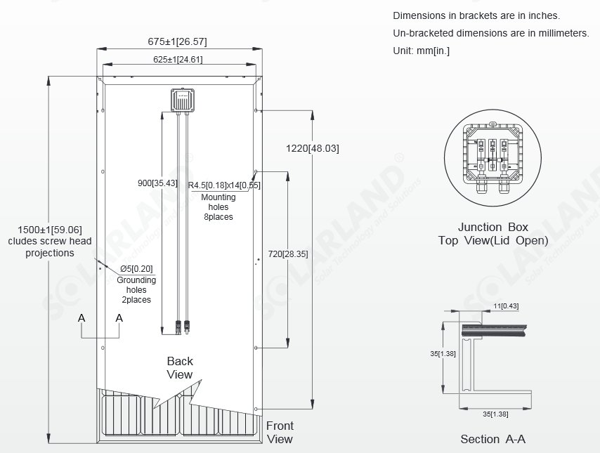 Solarland® SLP170S-12 160 Watt, 12V Solar Panel Module Diagram