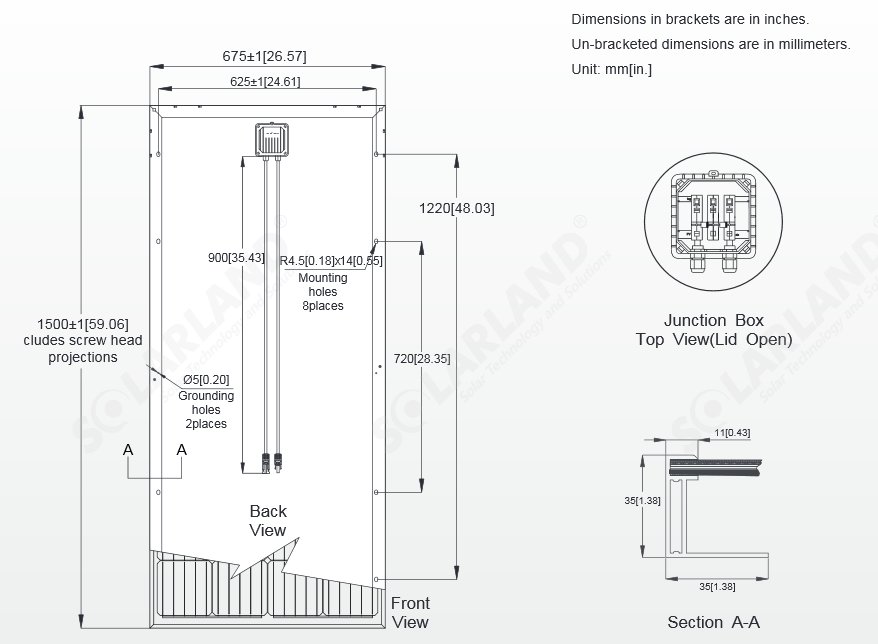 Solarland® SLP175S-12 175 Watt, 12V Solar Panel Module Diagram