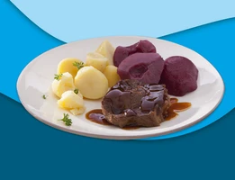 Sukadelap, gekookte aardappelen en stoofpeertjes