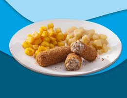 Runderkroketten, gebakken aardappelen en appelcompôte