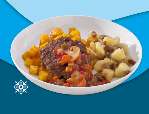 Rundhamburger, gebakken aardappelen en appelcompôte