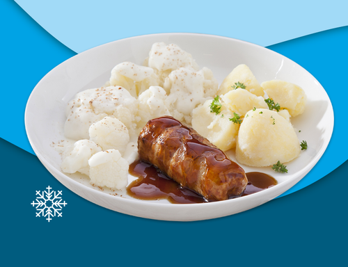 Slavink, gekookte aardapplen en bloemkool a la crème
