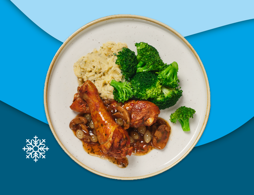 Drumsticks met puree met tuinkruiden en broccoli