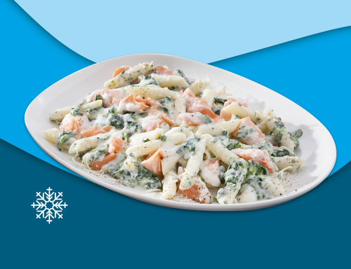 Romige pastaschotel met zalm en spinazie