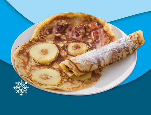Pannenkoekschotel naturel, met spek en met appel
