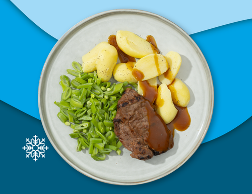Runderlap, gekookte aardappelen en snijbonen zoutarm