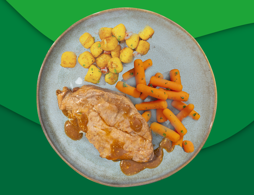 Varkensfiletlap mosterdjus, gebakken kriel en wortelen