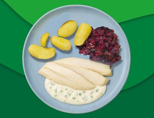 Scholfilet met witte wijnsaus, aardappelen en rode bieten