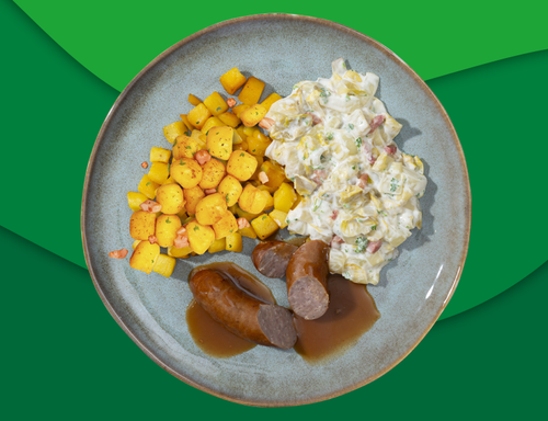 Rundersaucijs met jus, gebakken kriel met spek, ui en witlof à la crème met ham