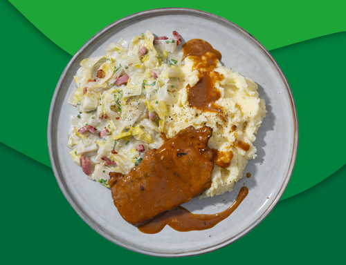 Varkensfiletlap met mosterdjus, puree en witlof à la crème met ham