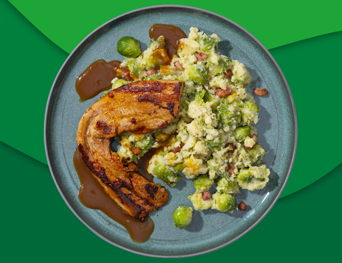 Speklap met jus en stamppot spruiten met spek