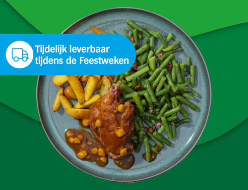 Eendenbout met appel-citroenjus, gebakken rosevalaardappelen en sperziebonen met spek zoutarm