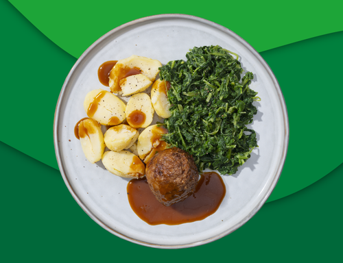 Rundergehaktbal met jus, aardappelen en spinazie à la crème zoutarm