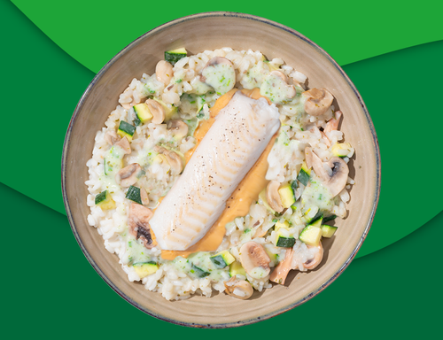 Wijtingfilet met rode pestosaus en risotto met champignons zoutarm