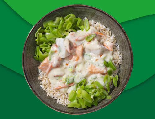 Visragout met dille, rijst en snijbonen zoutarm