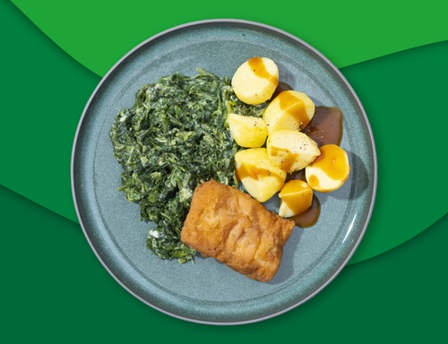 Gebakken lekkerbek met jus, aardappelen en spinazie à la crème zoutarm